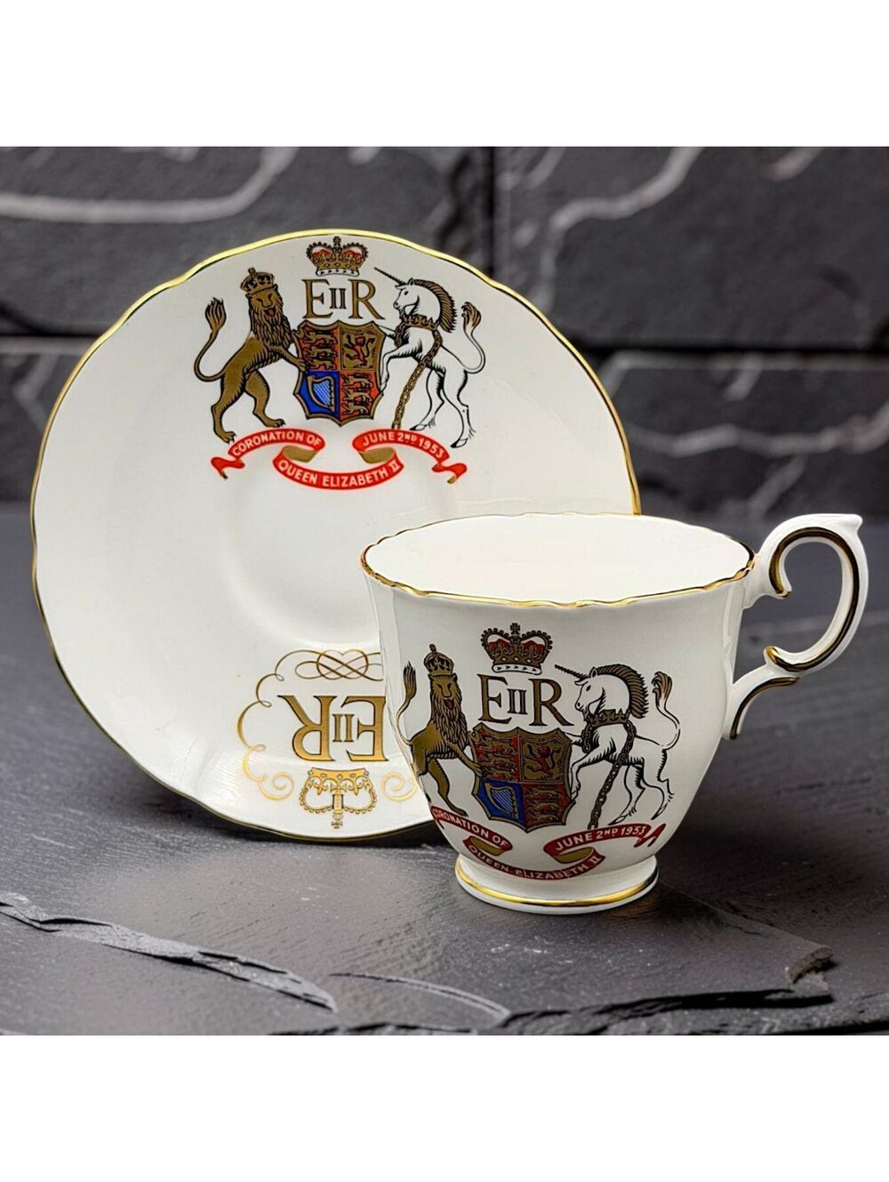 Vtg Crown Staffordshire Queen Elizabeth II Coronation 1953 Cup Saucer Bone China